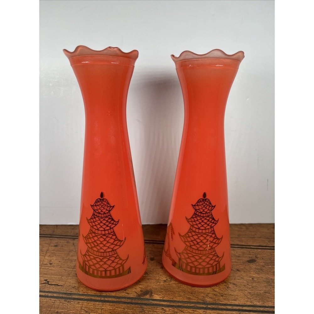 Vtg Bartlett Collins Atomic Age Glass 9" Vase Gold Asian Pagoda Coral Orange MCM